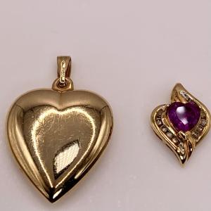 Photo of LOT:163: 10K Puffy Heart an 10K Gold Heart Pendant with Amethust and Dianmonds t