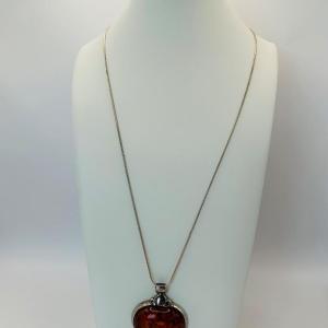 Photo of LOT 6: Amber Pendant Marked 925 EF On Silver Rope Chain 30" Length