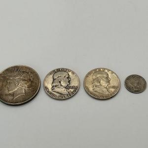 Photo of LOT 12: 1911 Barber Dime, 1924 Silver Peace Dollar, 1953 & 1952 Franklin Half Do