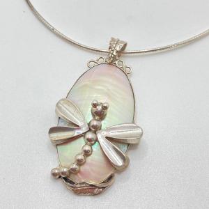 Photo of LOT 96: Beautiful Mother of Pearl and Sterling Silver Dragonfly Pendant on 925 C