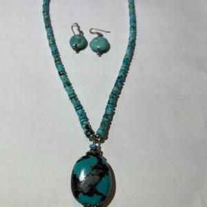 Photo of VINTAGE Sterling Silver 16"-18" Adjustable Turquoise Necklace w/Pendant & Earrin