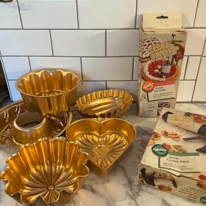 Photo of Vintage Copper Baking Pans, Decorating Kit, and Cookie Press