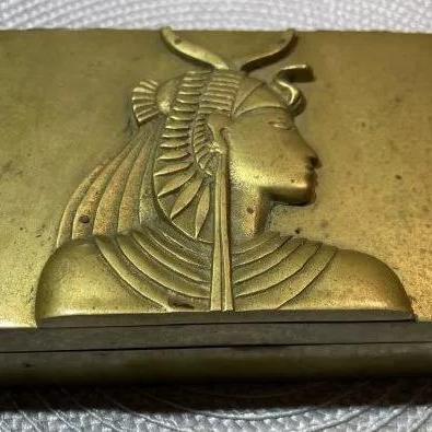 Photo of Vintage/Antique Egyptian Women Solid Brass Hinged Trinket Box 6" x 4" x 1.5" in 