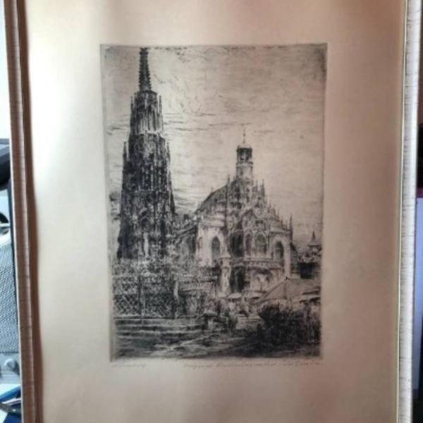 Photo of Paul Geissler Original Etching Print, Frame Size 12.75" x 16" Original Radierung