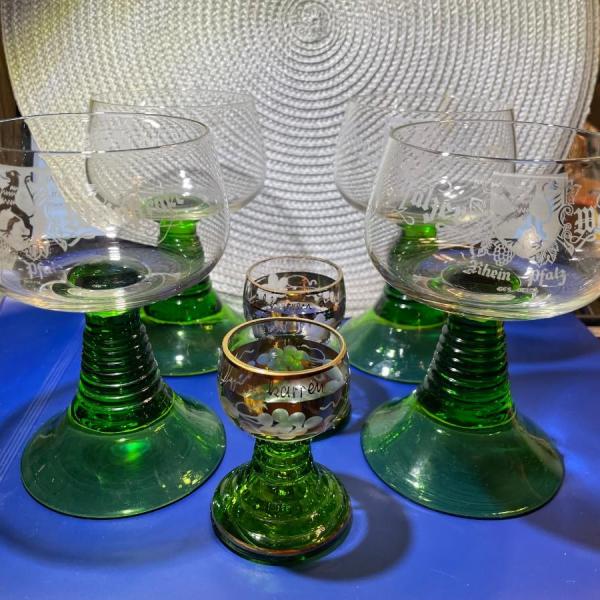 Photo of 6-Vintage Roemer German Wine & Shot Glasses Stemmed Green Glass Ribbed Stem Gobl