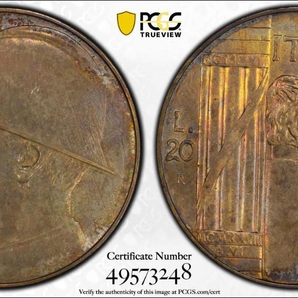 Photo of PCGS Certified Scarce Italy 1928-R UNCIRCULATED Detail/Cleaned KM-70 World War I