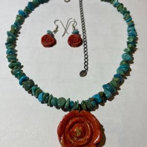 Photo of Carolyn Pollack Sterling Silver 925 Turquoise Coral Rose Pendant Necklace 16-20"