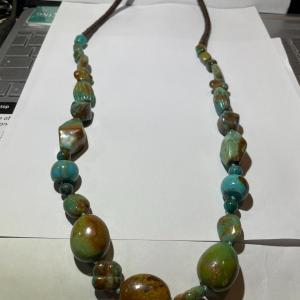 Photo of New Never Used Condition Southwest Style Turquoise Chunky Bead & Leather 30" Nec