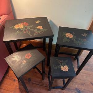 Photo of SET OF 4 VINTAGE BLACK LACQUER CHINOISERIE NESTING TABLES