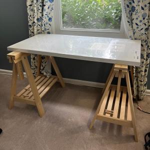 Photo of New Ikea Linnmon White Desk Table, Beech Wood Trestle Shelf Legs