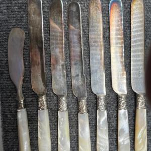 Photo of 7 English Silver Mother Pearl Knives W/Hallmarks