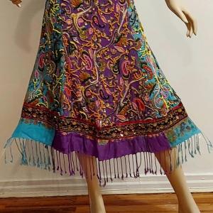 Photo of Vtg 60s Hand Painted Beaded Sequined Gold Embroidery Fringed Skirt