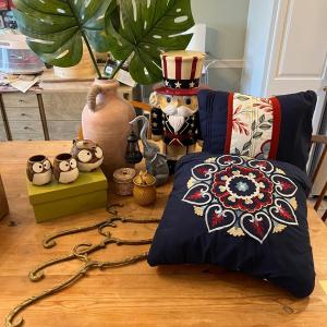 Photo of Big Decorative Lot - Brass Hangers, Large Vase, New Throw Pillows + More