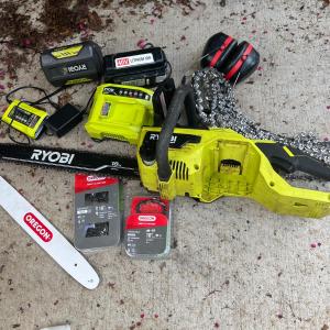 Photo of RYOBI 18 in. Battery Chainsaw, Batteries, Charger, New Chains, etc,