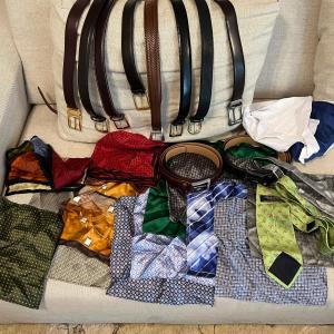 Photo of Men’s Accessories Lot - Silk Pocket Squares, Leather Belts