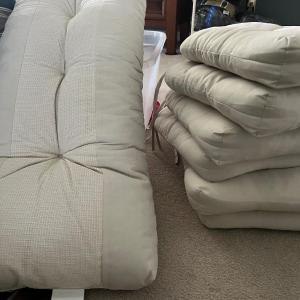 Photo of Lot of 6 RaceLeaf Seat Patio Cushions, 1 SunRox Bench Patio Cushion