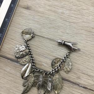 Photo of Vintage Stick Pin Brooch Chain Charms Hand Oak Maple Leaf Leaves Floral Coin