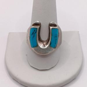 Photo of LOT 306: Turquoise & 925 Sterling Silver Horseshoe Ring 18.59gr Sz 11