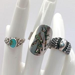 Photo of LOT 301: Set of 3 Sterling Silver Rings- Cigar Band, Taxco Abalone & Turquoise S
