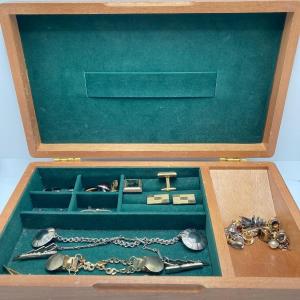 Photo of LOT 294: Wooden Jewelry Box with Vintage Cufflinks, Tie Tacs & More (Swank Inclu